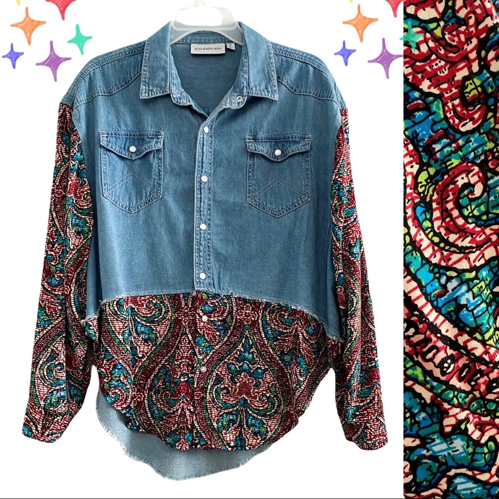 Run Cinta Run denim & retro print 90’s style long sleeve shirt